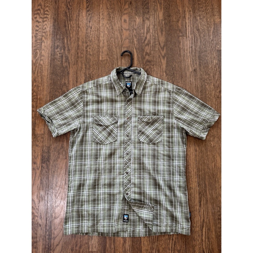 Kuhl Mens Large Suncel Green Plaid Short Sleeve Button Up Shirt Hiking Outdoors